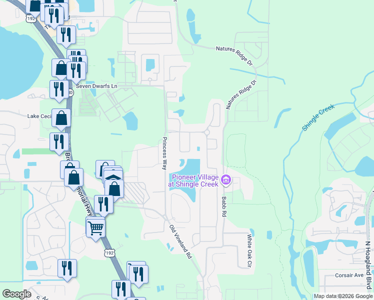 map of restaurants, bars, coffee shops, grocery stores, and more near 2545 Dharma Circle in Kissimmee