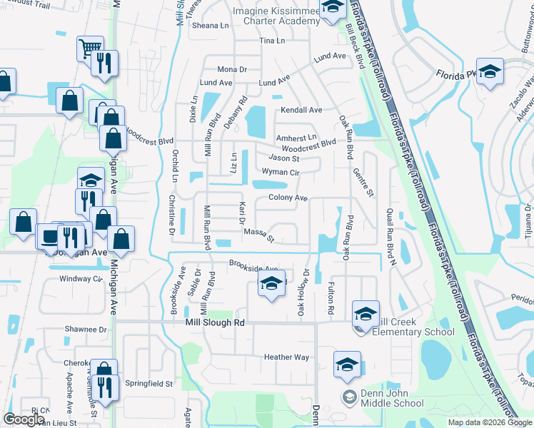 map of restaurants, bars, coffee shops, grocery stores, and more near 1513 Birchwood Avenue in Kissimmee
