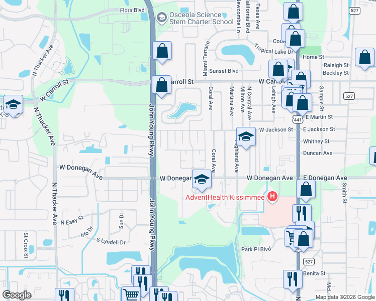 map of restaurants, bars, coffee shops, grocery stores, and more near 2518 Wyatt Place in Kissimmee
