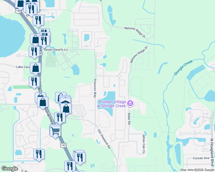 map of restaurants, bars, coffee shops, grocery stores, and more near 2545 Dharma Circle in Kissimmee