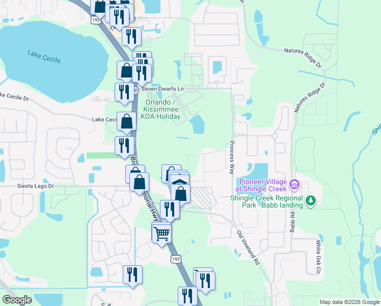 map of restaurants, bars, coffee shops, grocery stores, and more near Yellolwgold Rd in Kissimmee