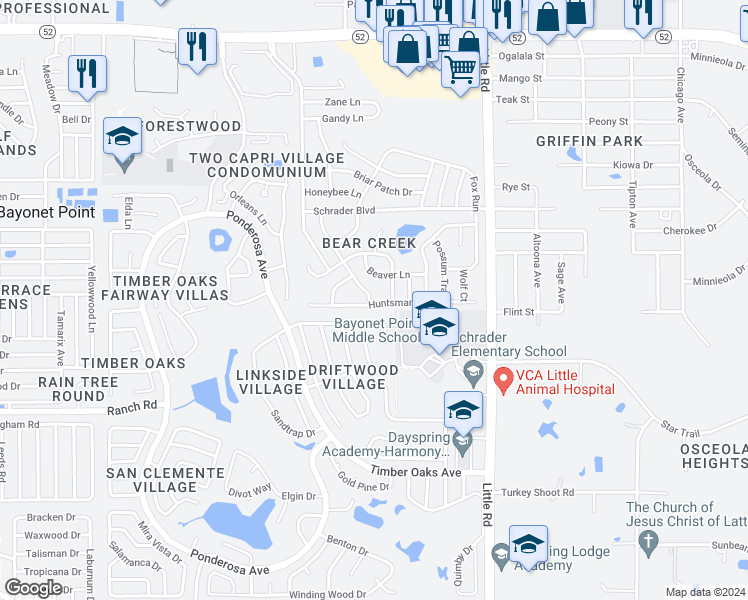 map of restaurants, bars, coffee shops, grocery stores, and more near 8701 Huntsman Lane in Port Richey