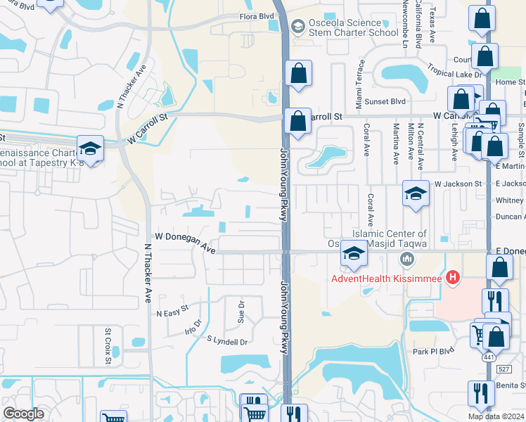map of restaurants, bars, coffee shops, grocery stores, and more near 1247 Sago Palms Boulevard in Kissimmee