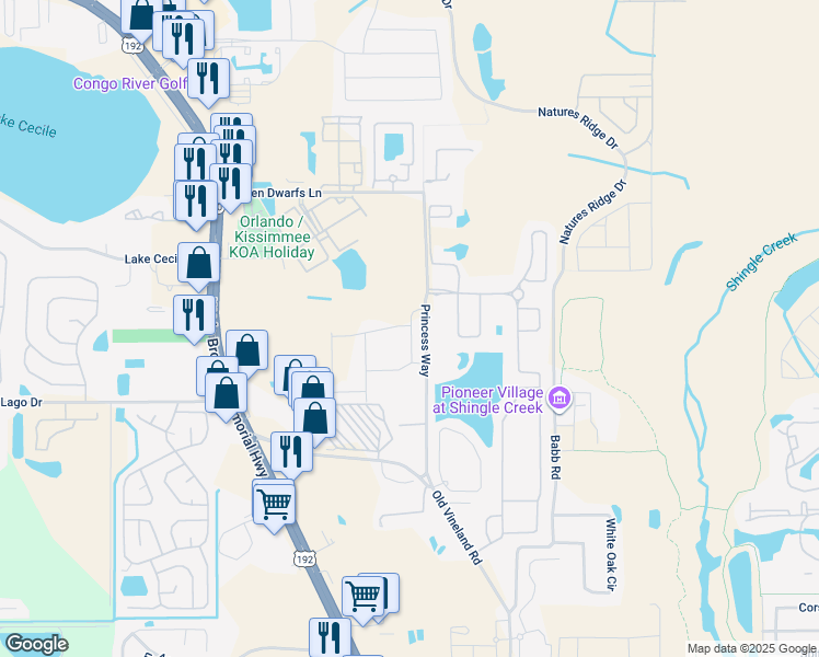 map of restaurants, bars, coffee shops, grocery stores, and more near 2542-2598 Princess Way in Kissimmee