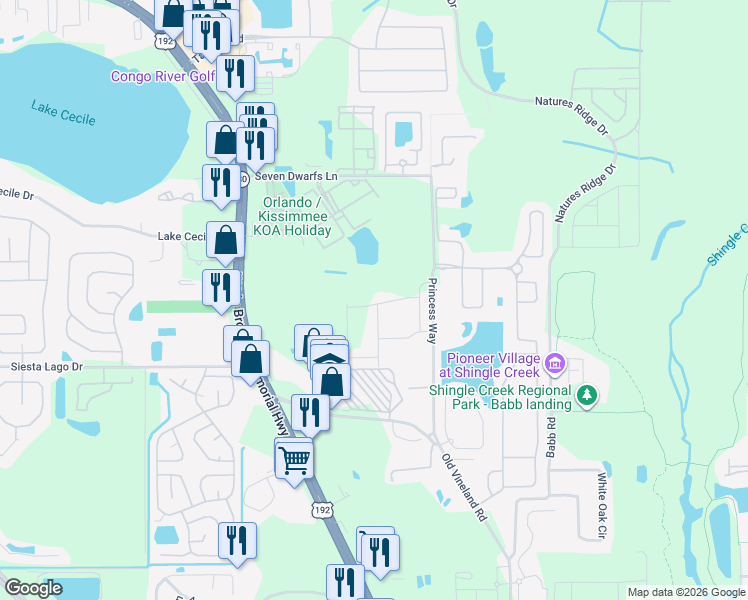 map of restaurants, bars, coffee shops, grocery stores, and more near 2600 Princess Way in Kissimmee