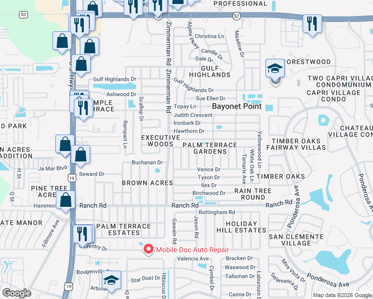 map of restaurants, bars, coffee shops, grocery stores, and more near 7611 Foxbloom Drive in Port Richey
