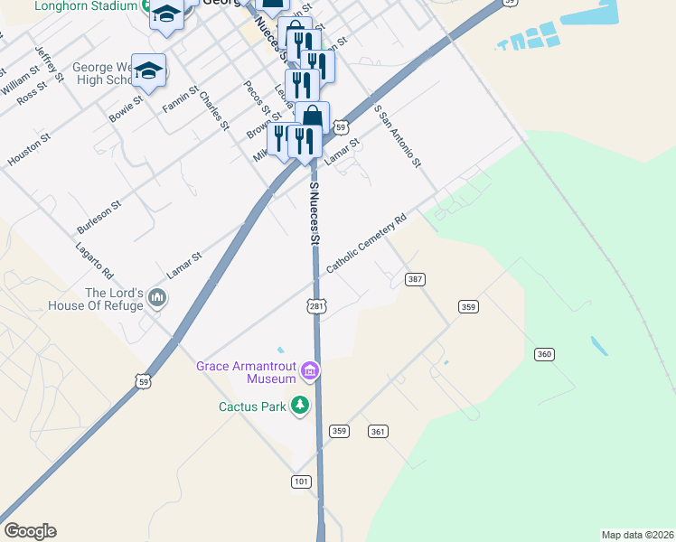 map of restaurants, bars, coffee shops, grocery stores, and more near 997 Catholic Cemetery Road in George West