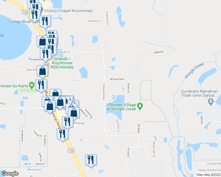 map of restaurants, bars, coffee shops, grocery stores, and more near 2514 Dharma Circle in Kissimmee