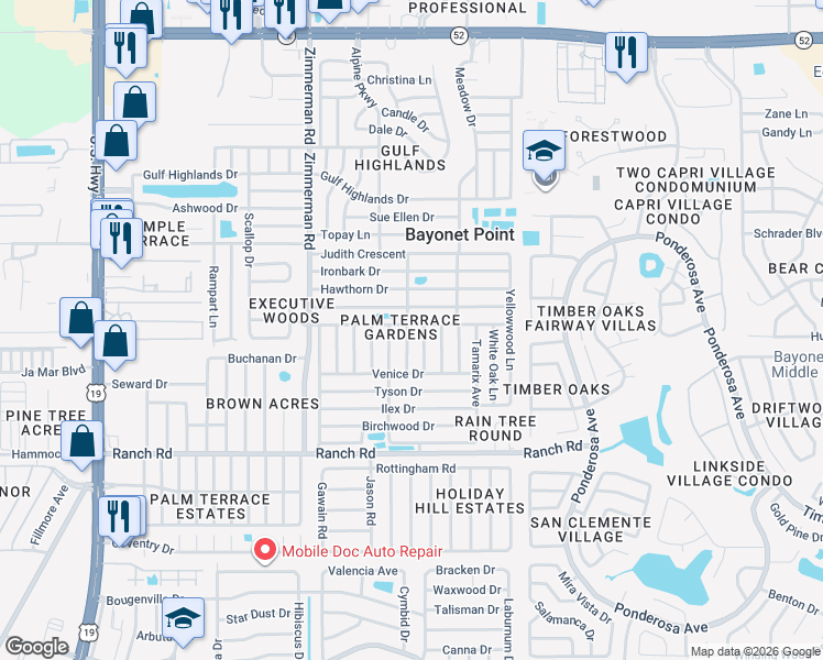 map of restaurants, bars, coffee shops, grocery stores, and more near 11240 Glover Road in Port Richey