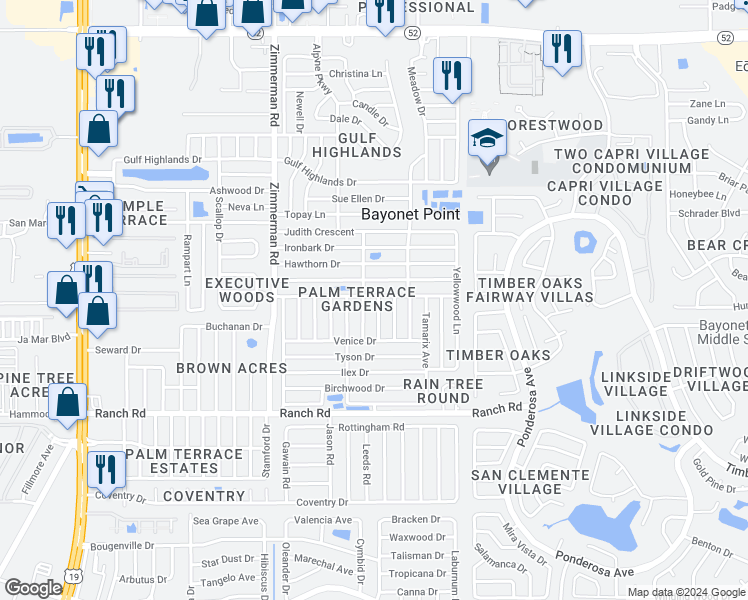 map of restaurants, bars, coffee shops, grocery stores, and more near 11241 Yewtree Avenue in Port Richey