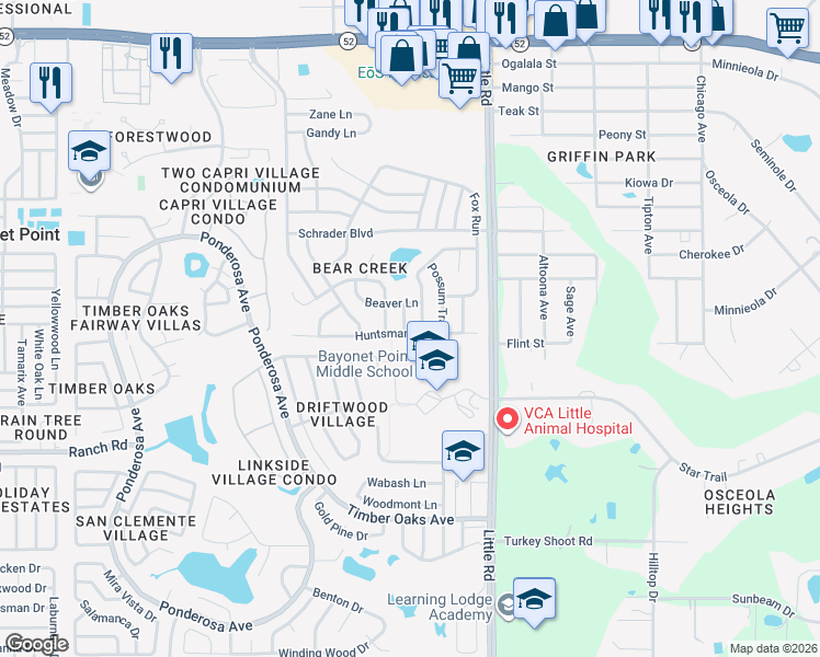 map of restaurants, bars, coffee shops, grocery stores, and more near 11238 Owl Lane in Port Richey