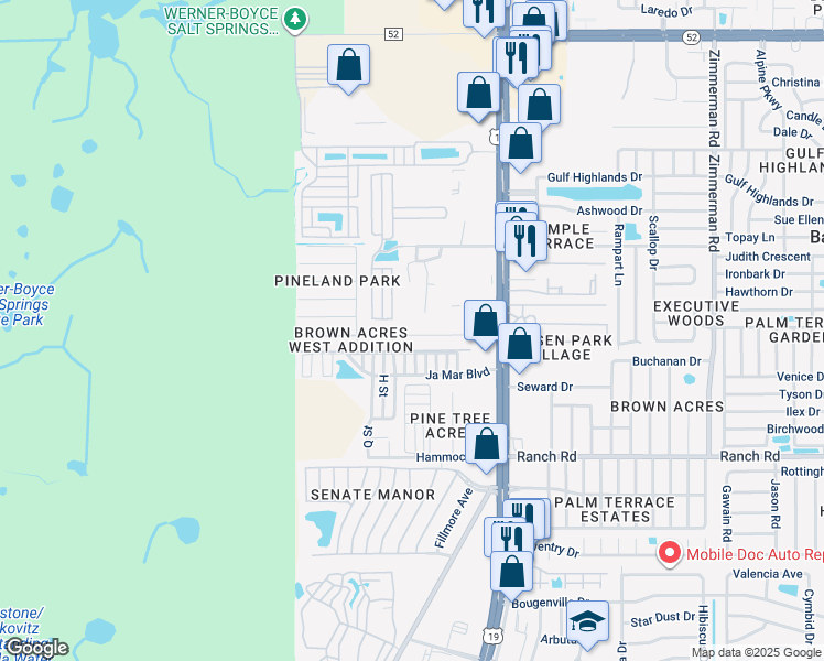 map of restaurants, bars, coffee shops, grocery stores, and more near 6727 Sandra Drive in Port Richey