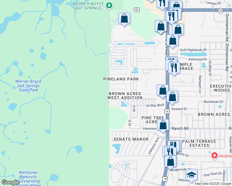 map of restaurants, bars, coffee shops, grocery stores, and more near 6523 Sandra Drive in Port Richey