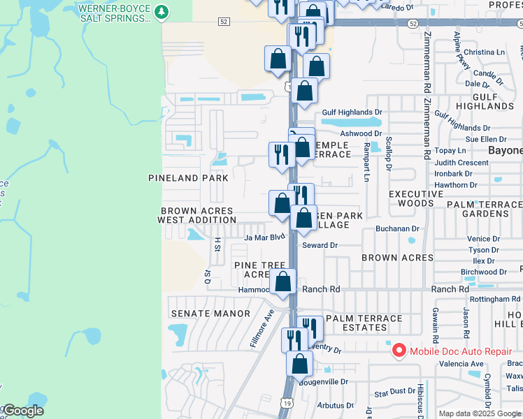 map of restaurants, bars, coffee shops, grocery stores, and more near 6827 Sandra Drive in Port Richey