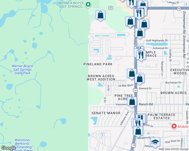map of restaurants, bars, coffee shops, grocery stores, and more near 6523 Sandra Drive in Port Richey