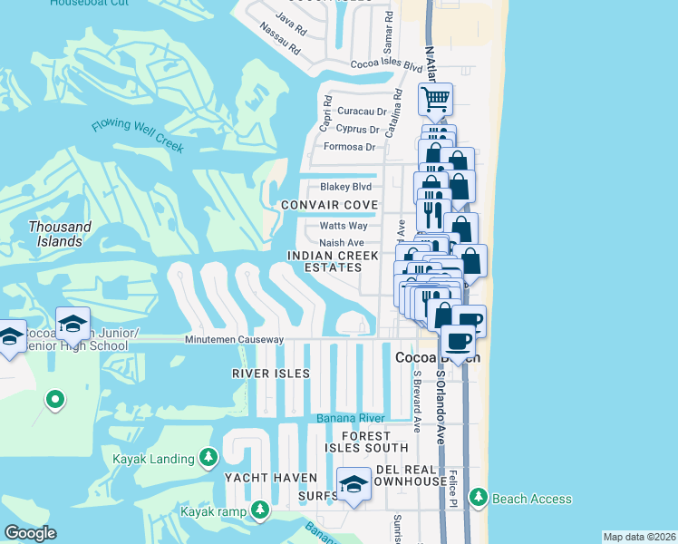 map of restaurants, bars, coffee shops, grocery stores, and more near 190 Oak Avenue in Cocoa Beach
