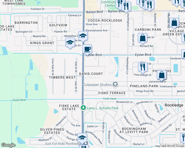 map of restaurants, bars, coffee shops, grocery stores, and more near 980 Howard Boulevard in Rockledge