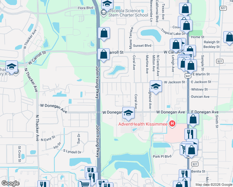 map of restaurants, bars, coffee shops, grocery stores, and more near 2551 Tohope Boulevard in Kissimmee