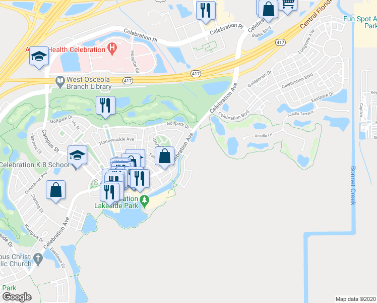 map of restaurants, bars, coffee shops, grocery stores, and more near 411 Celebration Avenue in Celebration
