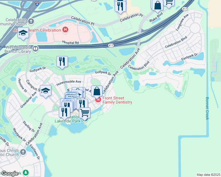 map of restaurants, bars, coffee shops, grocery stores, and more near 500 Mirasol Circle in Kissimmee