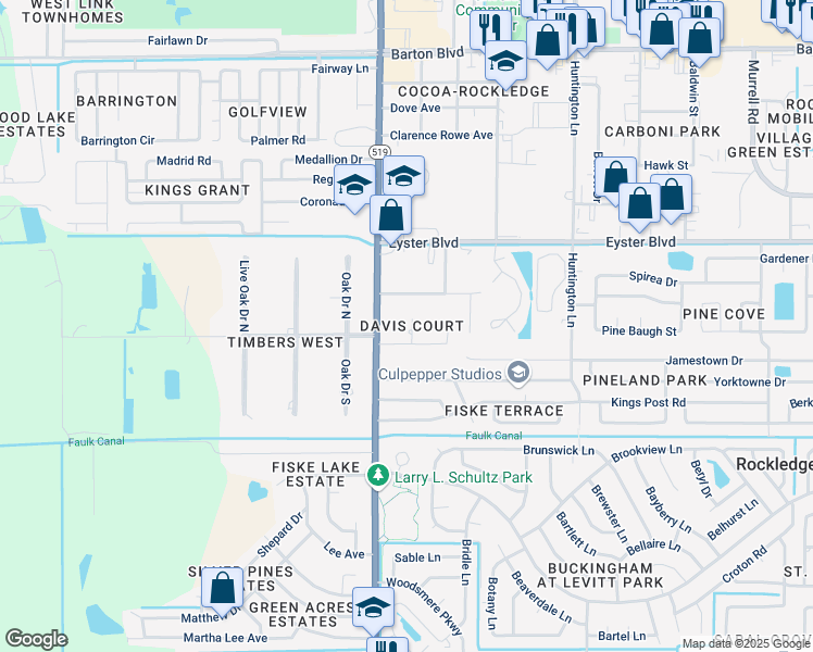 map of restaurants, bars, coffee shops, grocery stores, and more near 2315 Monty Lane in Rockledge