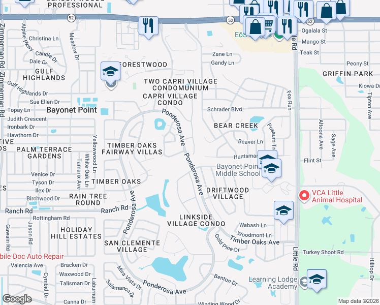 map of restaurants, bars, coffee shops, grocery stores, and more near 11241 Versailles Lane in Port Richey