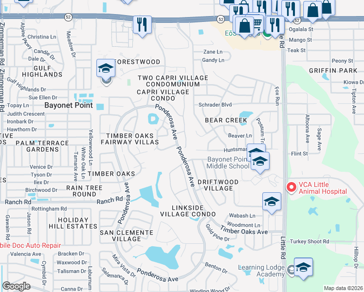 map of restaurants, bars, coffee shops, grocery stores, and more near 11247 Ponderosa Avenue in Port Richey