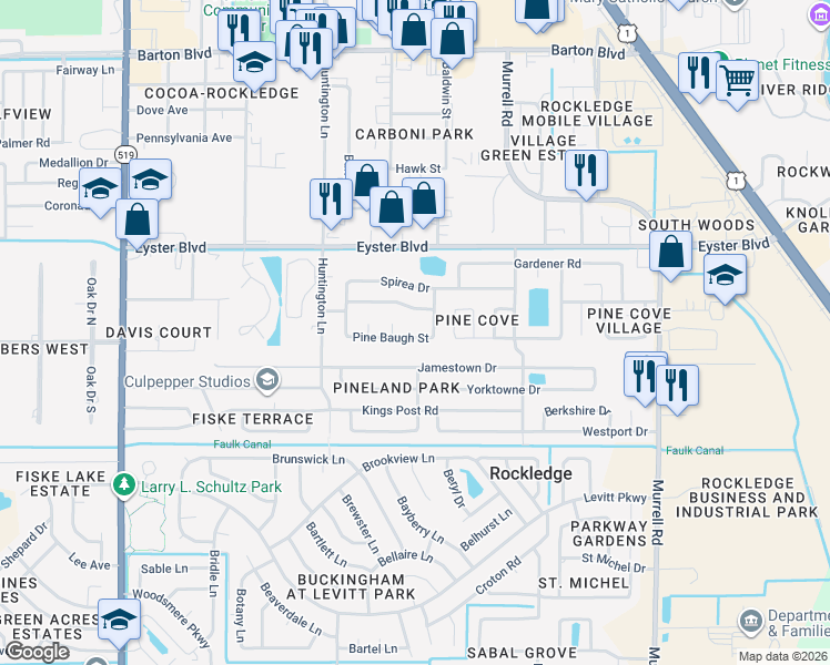map of restaurants, bars, coffee shops, grocery stores, and more near 896 Pine Baugh Street in Rockledge