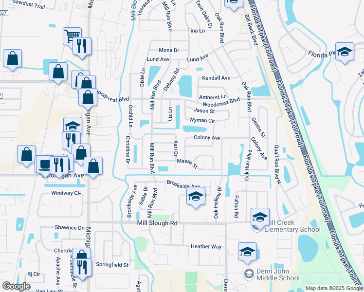 map of restaurants, bars, coffee shops, grocery stores, and more near 2542 Camphorwood Circle in Kissimmee