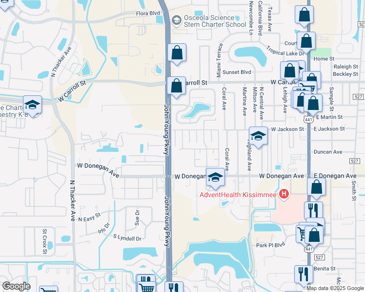 map of restaurants, bars, coffee shops, grocery stores, and more near Prairie Drive in Kissimmee