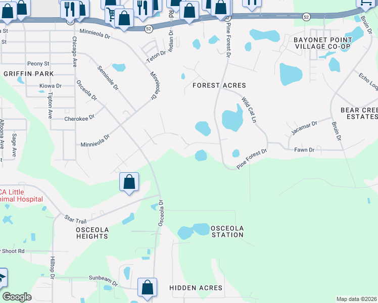 map of restaurants, bars, coffee shops, grocery stores, and more near 10050 Deer Lane in New Port Richey