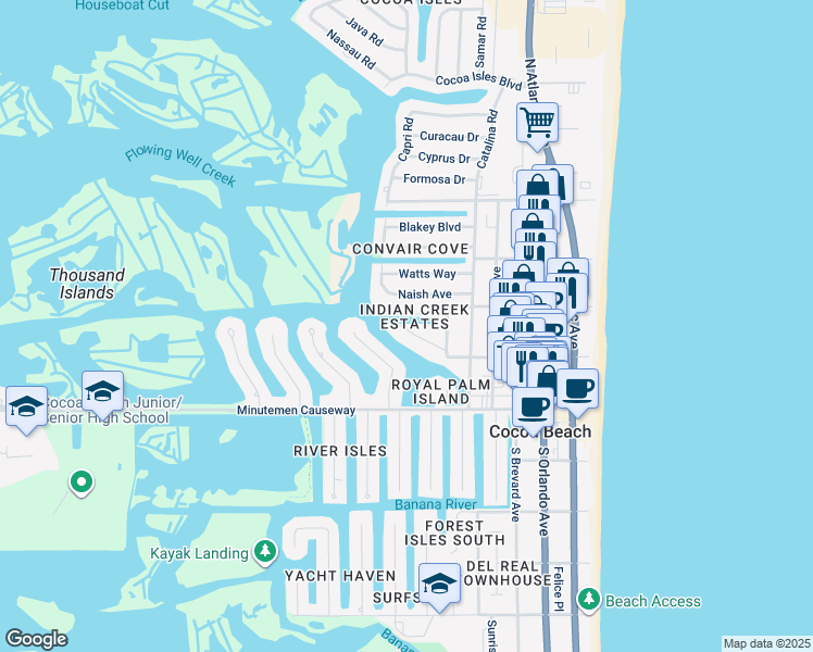 map of restaurants, bars, coffee shops, grocery stores, and more near 498 Indian Creek Drive in Cocoa Beach