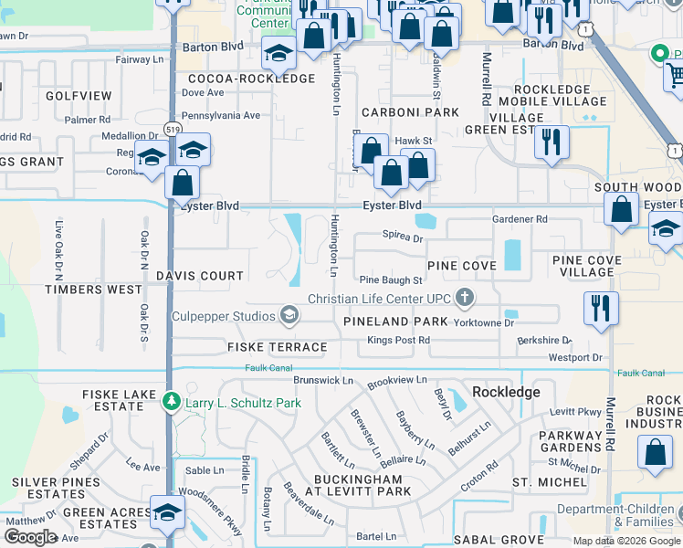 map of restaurants, bars, coffee shops, grocery stores, and more near 937 Pine Baugh Street in Rockledge