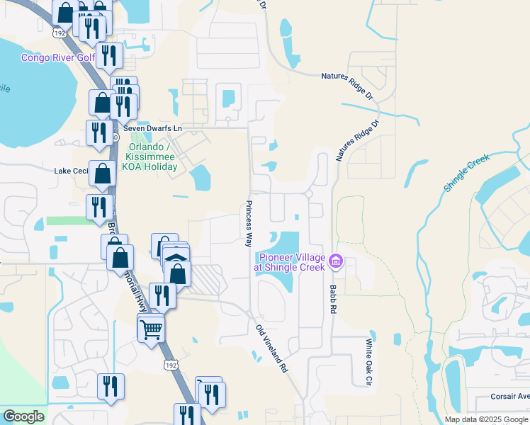 map of restaurants, bars, coffee shops, grocery stores, and more near 2597 Princess Way in Kissimmee