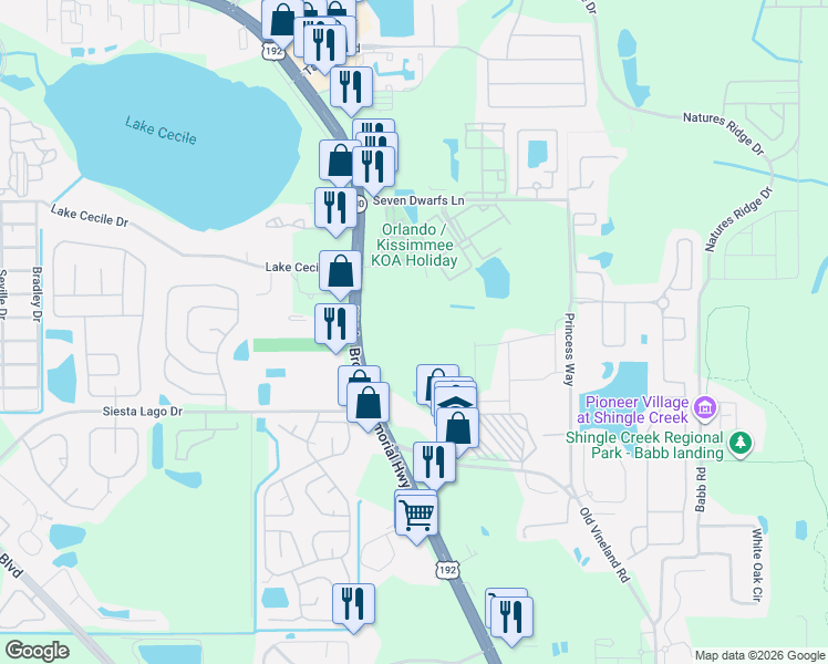map of restaurants, bars, coffee shops, grocery stores, and more near 4600 Cecile Dr in Kissimmee