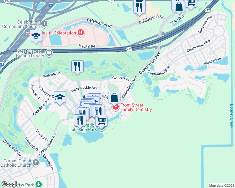 map of restaurants, bars, coffee shops, grocery stores, and more near 422 Arbor Circle in Kissimmee