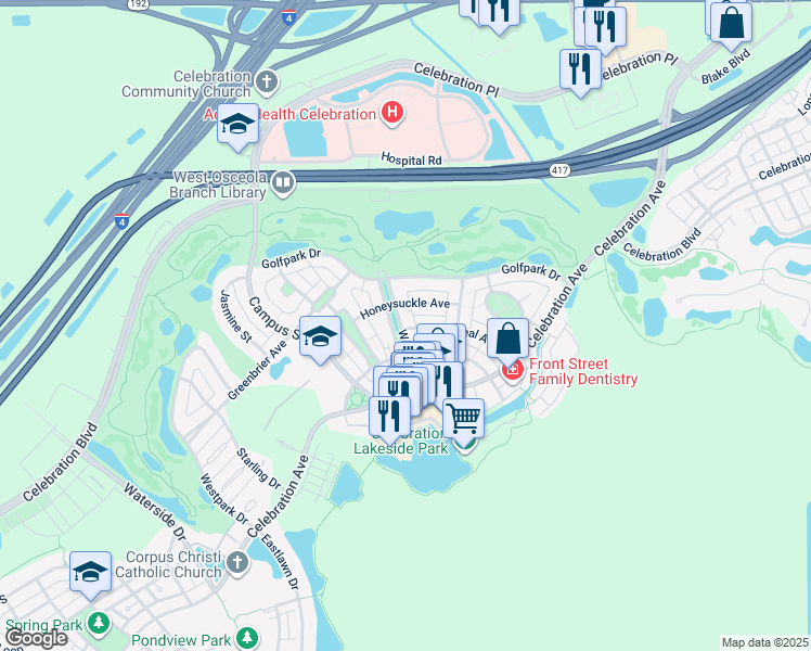 map of restaurants, bars, coffee shops, grocery stores, and more near 447 Water Street in Kissimmee