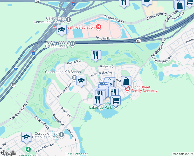 map of restaurants, bars, coffee shops, grocery stores, and more near 447 Water Street in Kissimmee