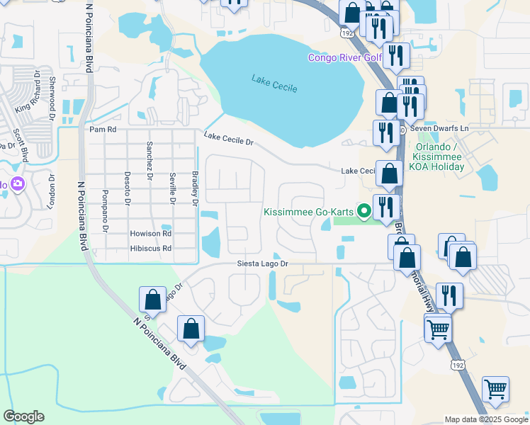map of restaurants, bars, coffee shops, grocery stores, and more near 2543 Chatham Circle in Kissimmee
