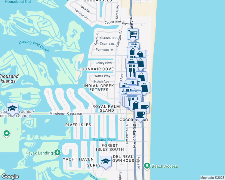 map of restaurants, bars, coffee shops, grocery stores, and more near 150 Cedar Avenue in Cocoa Beach