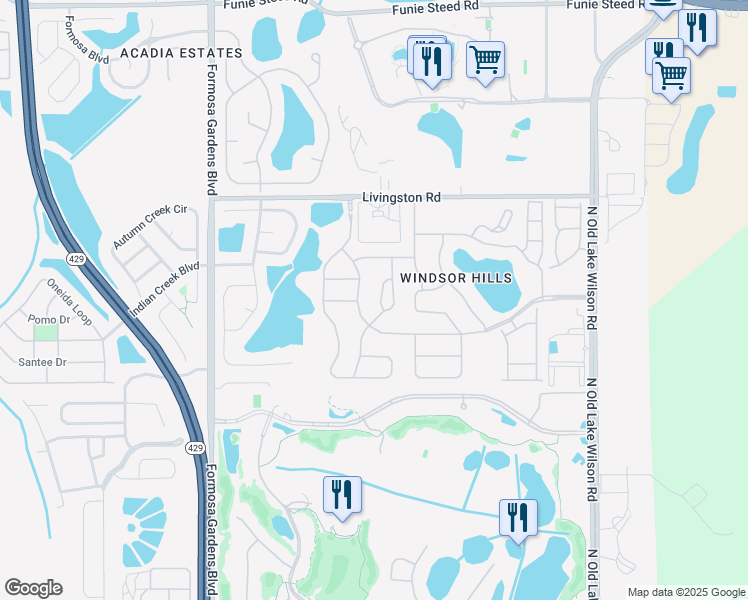 map of restaurants, bars, coffee shops, grocery stores, and more near 2610 Bowring Street in Kissimmee