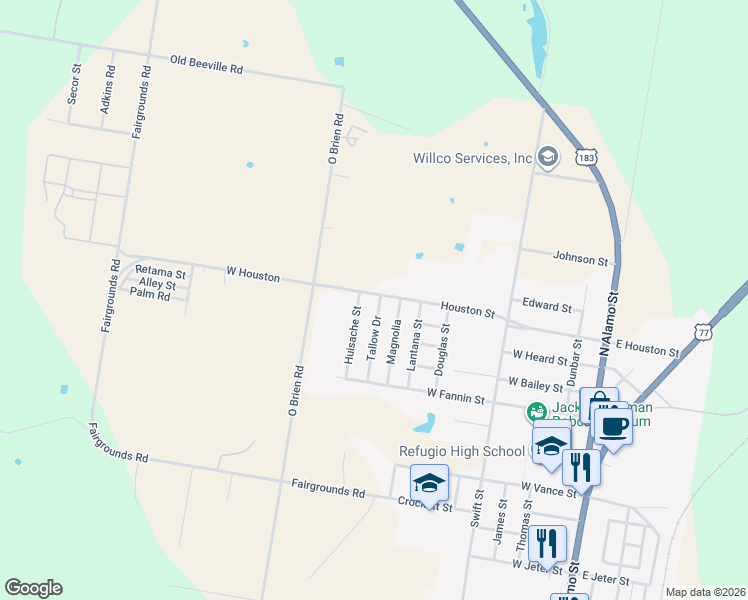 map of restaurants, bars, coffee shops, grocery stores, and more near 1005 Tallow Drive in Refugio