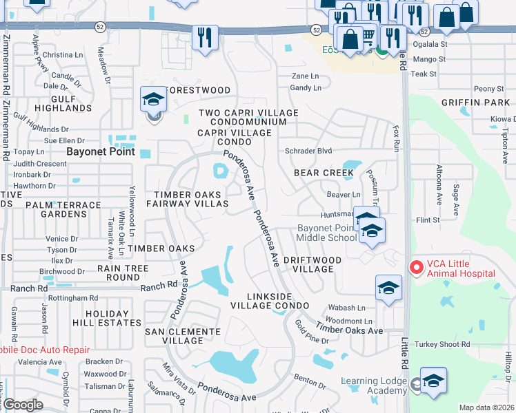 map of restaurants, bars, coffee shops, grocery stores, and more near 11247 Ponderosa Avenue in Port Richey