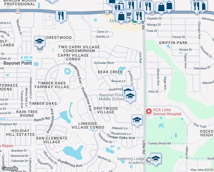 map of restaurants, bars, coffee shops, grocery stores, and more near 11311 Brown Bear Lane in Port Richey