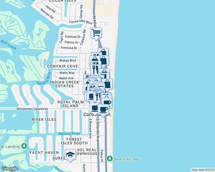 map of restaurants, bars, coffee shops, grocery stores, and more near 1 North 1st Street in Cocoa Beach