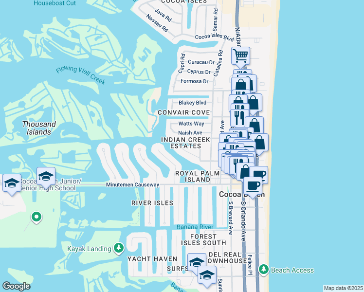 map of restaurants, bars, coffee shops, grocery stores, and more near 498 Indian Creek Drive in Cocoa Beach