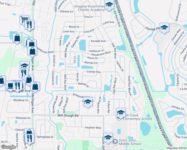 map of restaurants, bars, coffee shops, grocery stores, and more near 1541 Birchwood Avenue in Kissimmee