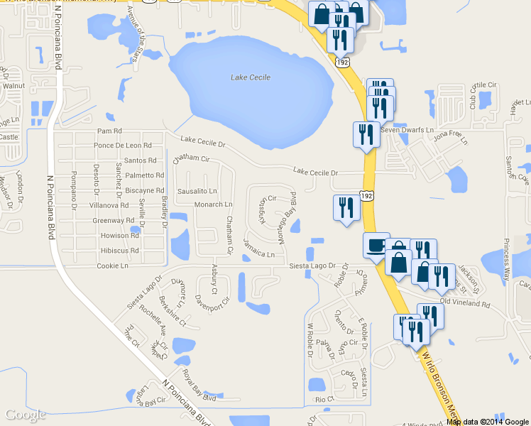 map of restaurants, bars, coffee shops, grocery stores, and more near 4827 Kingston Circle in Kissimmee