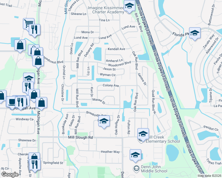 map of restaurants, bars, coffee shops, grocery stores, and more near 1541 Birchwood Avenue in Kissimmee