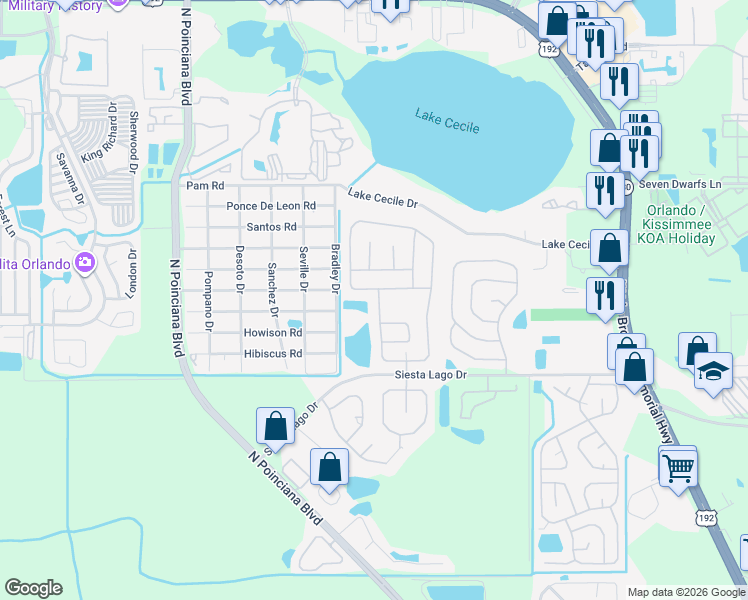 map of restaurants, bars, coffee shops, grocery stores, and more near 2681 Chatham Circle in Kissimmee